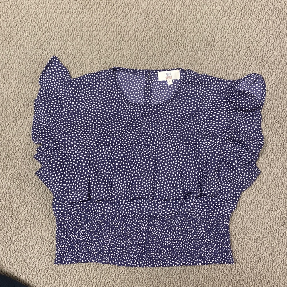 “girl soul” blue polka dot top